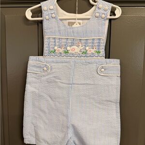 Blue Seersucker Smocked Bunny Romper for Kids